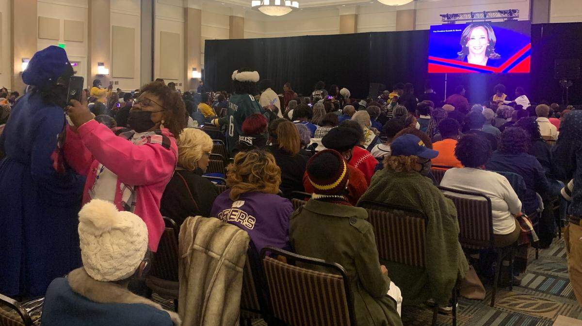 Before Vice President Kamala Harris spoke to the 7th Episcopal District AME Church Women’s Missionary Society annual retreat in Myrtle Beach on Saturday, Jan. 6, 2024, an attendee took a selfie with the screen in the background.