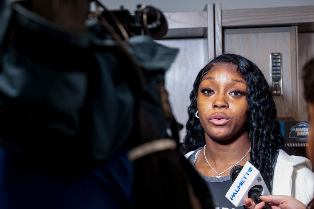 University of South Carolina’s Raven Johnson (25) is interviewed in the Gamecock locker room in Birmingham on Saturday, March 29, 2025.