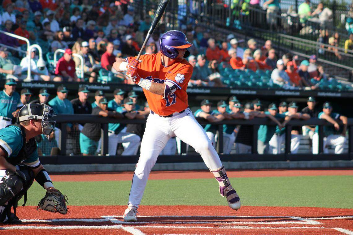 Clemson’s Justin Hawkins waits for a pitch during a game against Coastal Carolina.