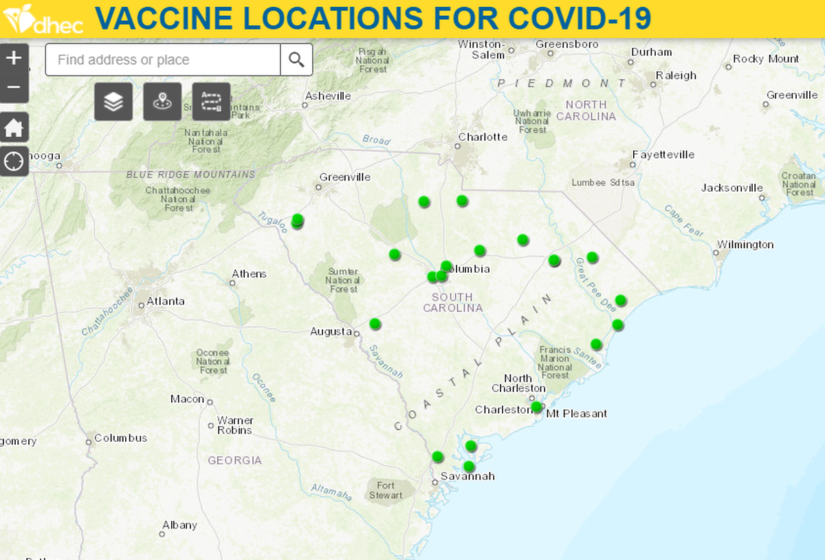 A screenshot of the S.C. Department of Health and Environmental Control’s vaccine locator map that went live Wednesday, Jan. 13, 2021. Residents can use the map to find locations throughout the state that are currently booking vaccination appointments for people age 70 and older.