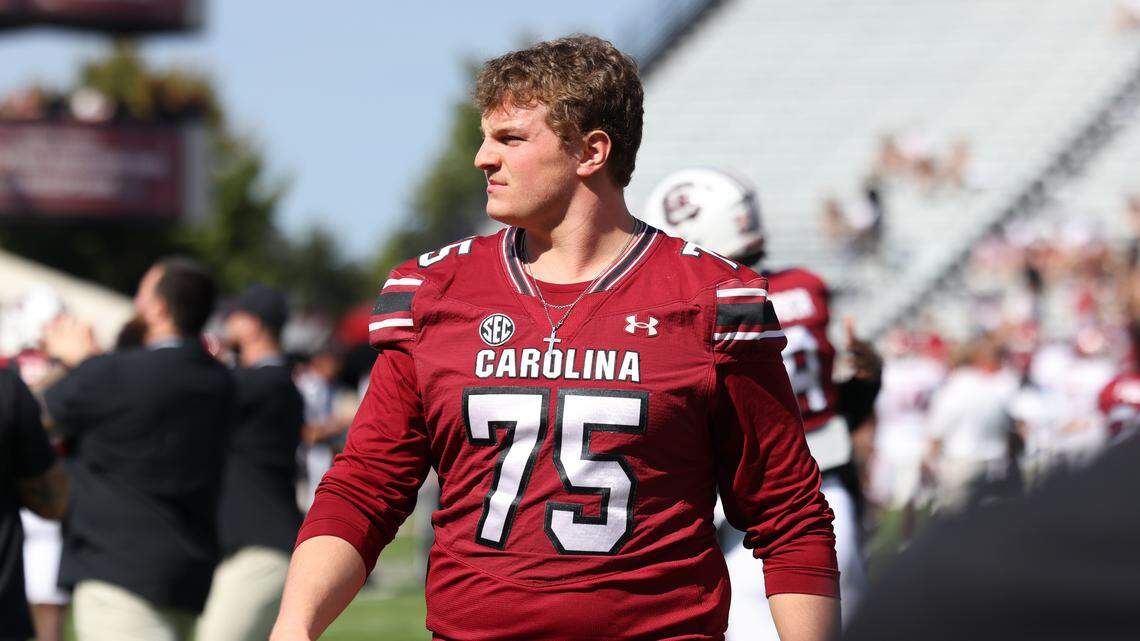 South Carolina offensive lineman Cason Henry (75) is seen during the first half of South Carolina’s game against Oklahoma at Williams-Brice Stadium in Columbia on Saturday, October 18, 2025.