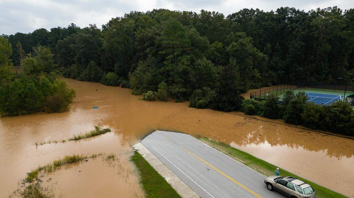 The Cayce Tennis & Fitness Center is flooded as water from Hurricane Helene flows down the Congaree River from North Carolina on Monday, September 30, 2024.