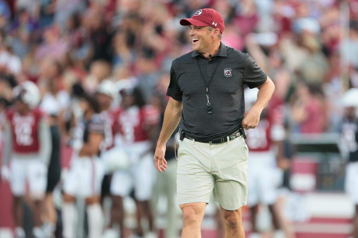 South Carolina head football coach Shane Beamer watches his team scrimmage in the Garnet and Black game on April 20, 2024.