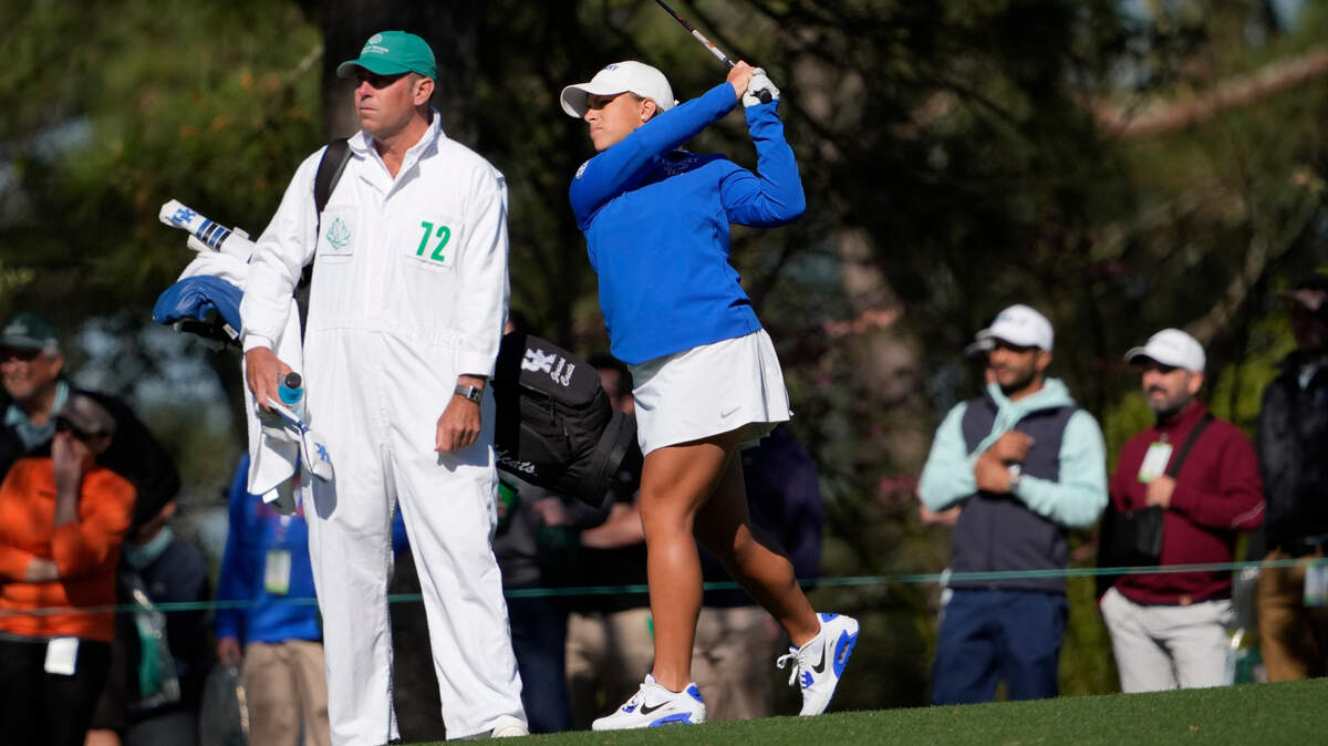 Jensen Castle hits her approach to No. 2 during the final round of the Augusta National Women’s Amateur golf tournament at Augusta National Golf Club on April 2, 2022.