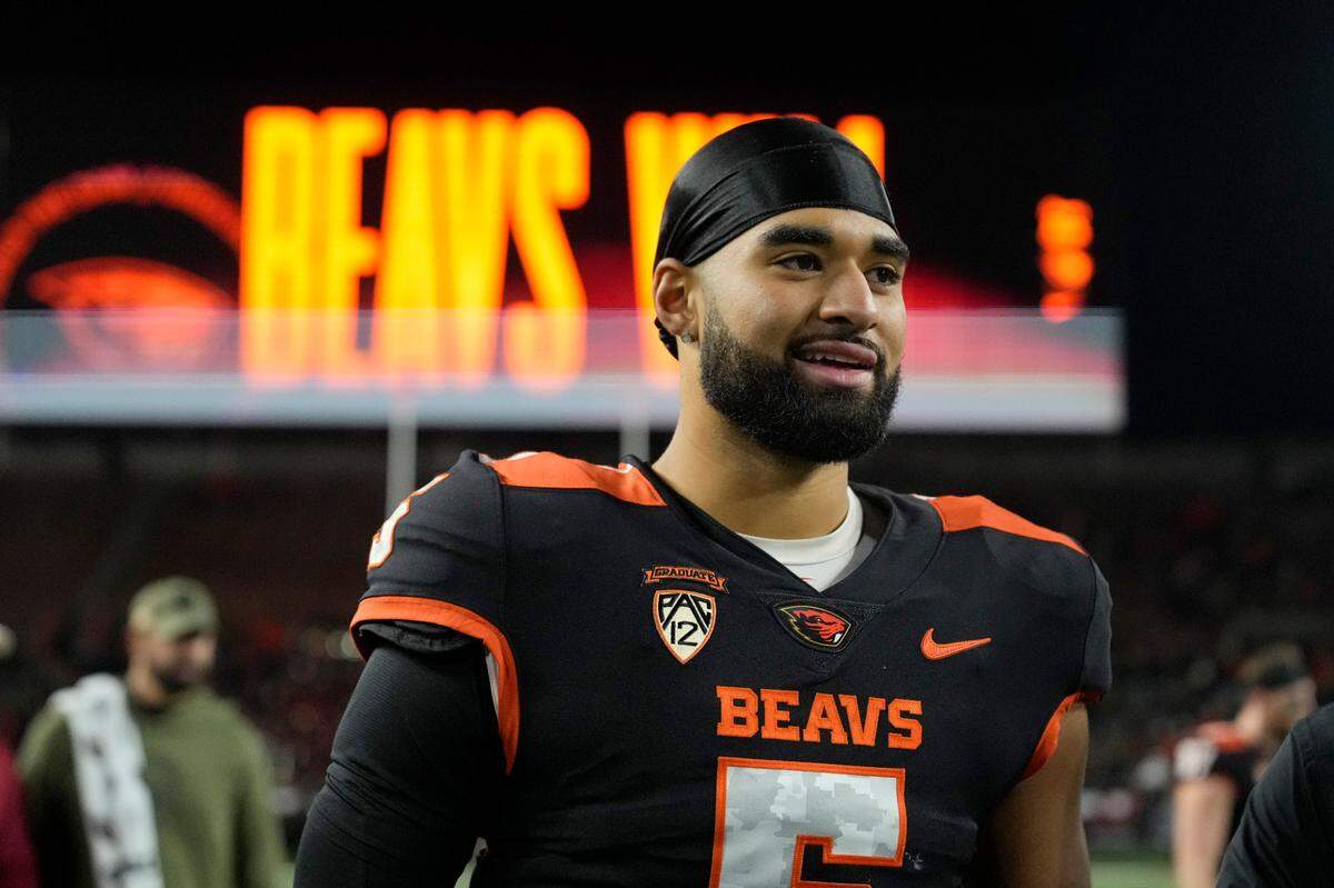 Nov 11, 2023; Corvallis, Oregon, USA; Oregon State Beavers quarterback DJ Uiagalelei (5) leaves the field after the game against the Stanford Cardinal at Reser Stadium. Mandatory Credit: Soobum Im-USA TODAY Sports