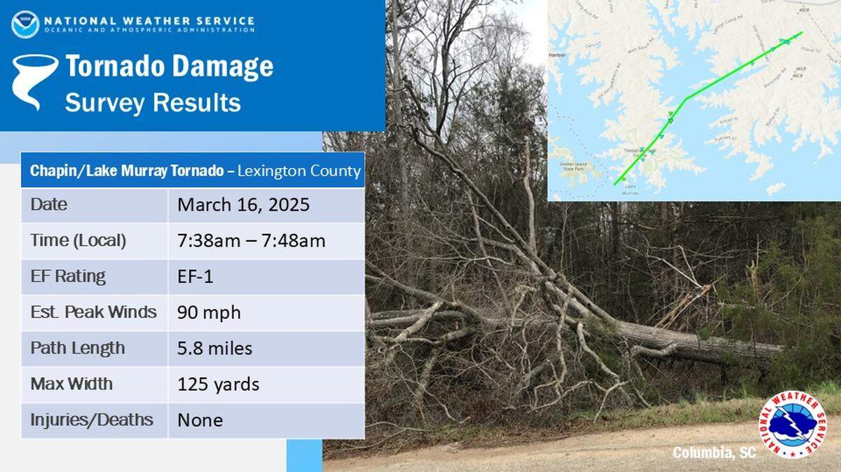 The National Weather Service confirmed a tornado in the Chapin-Lake Murray area on March 16, 2025.