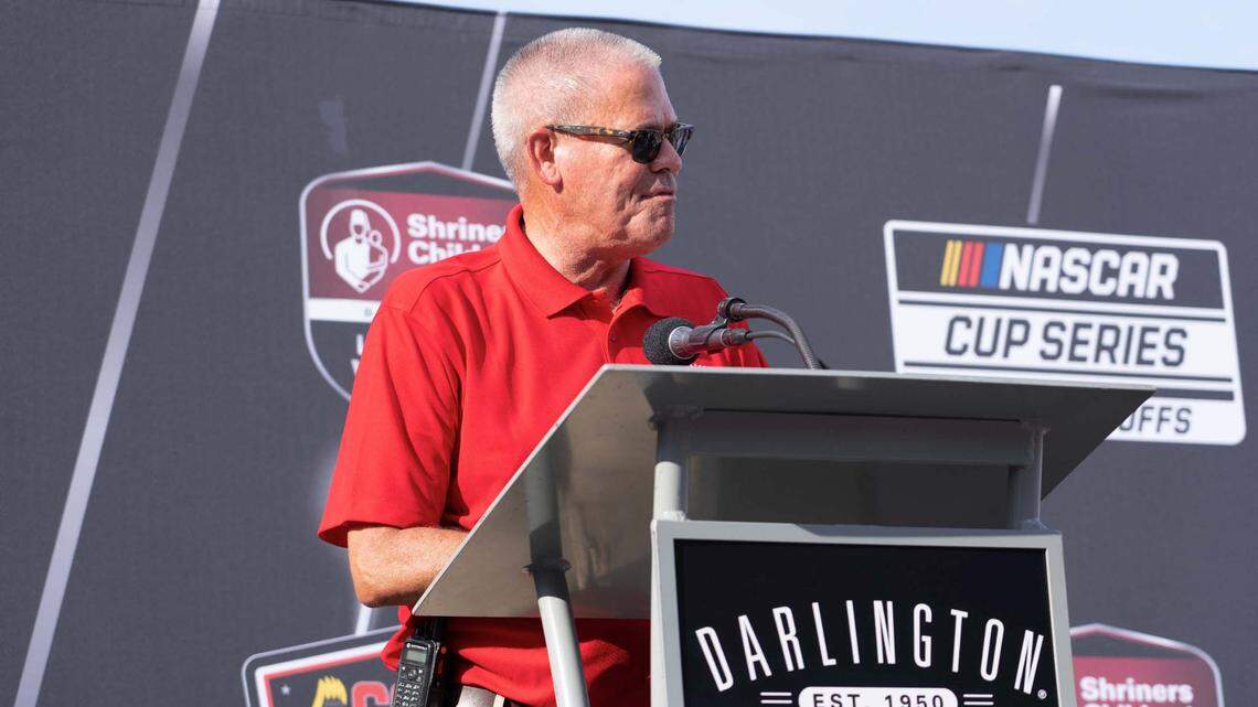 Darlington Raceway President Kerry Tharp addresses the fans prior to the 2022 COOK OUT Southern 500 at Darlington Raceway.