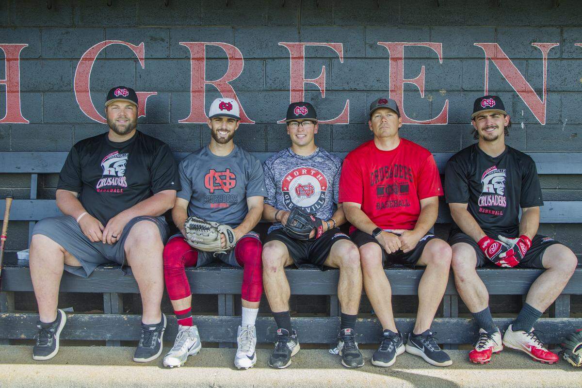 North Greenville University head coach Landon Powell (left) is joined by former South Carolina players Canaan Cropper, Jared Williams, assistant coach Jon Coutlangus (also a former Gamecock) and former USC player John Jones.