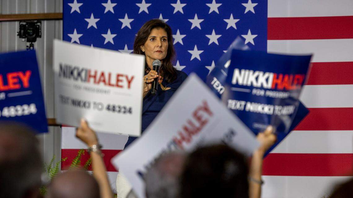 Nikki Haley speaks to home-town supporters during a campaign rally at The Grove in Lexington County on Thursday, April 06, 2023.