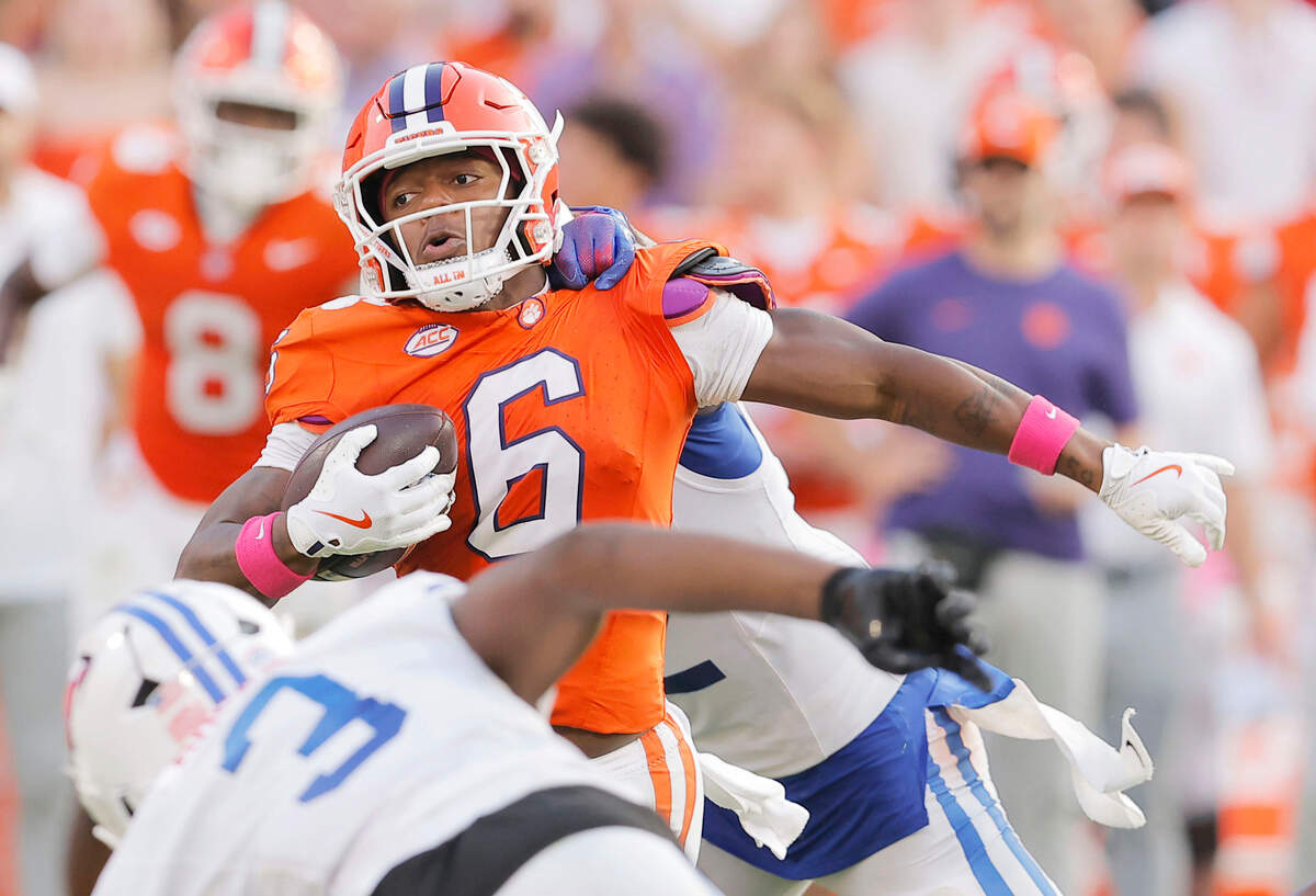 Clemson wide receiver Tyler Brown (6) has nowhere to go as he's pulled down by SMU during second-half action in Clemson, S.C on Saturday, Oct. 18, 2025.