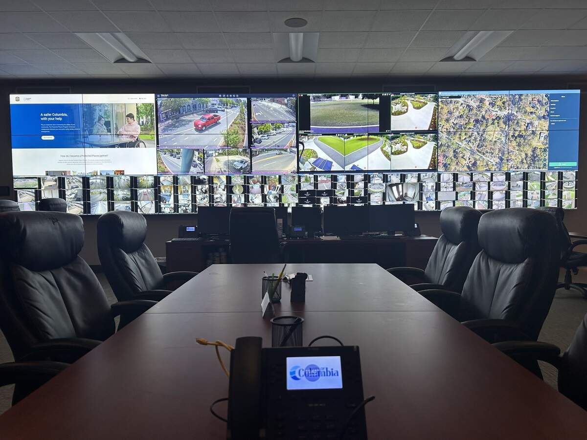 A large display of screens in an office at the Columbia Police Department.
