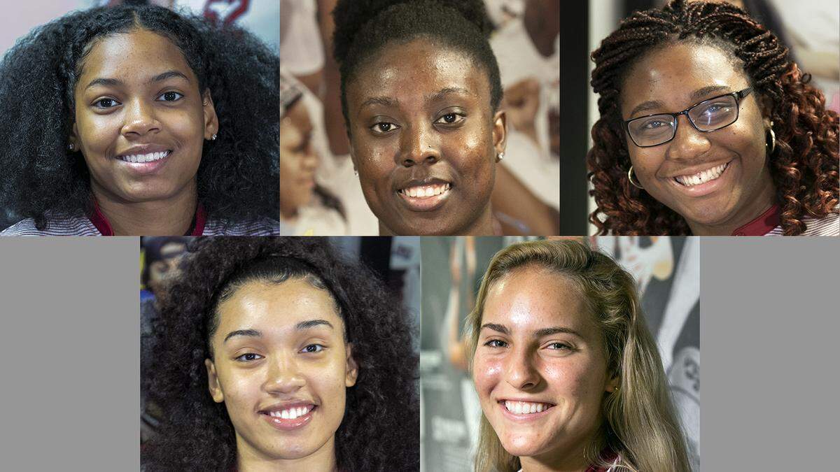 The Gamecocks’ No. 1 recruiting class in 2019 included (top, from left) Zia Cooke, Laeticia Amihere, Aliyah Boston (bottom, from left, Brea Beal and Olivia Thompson.