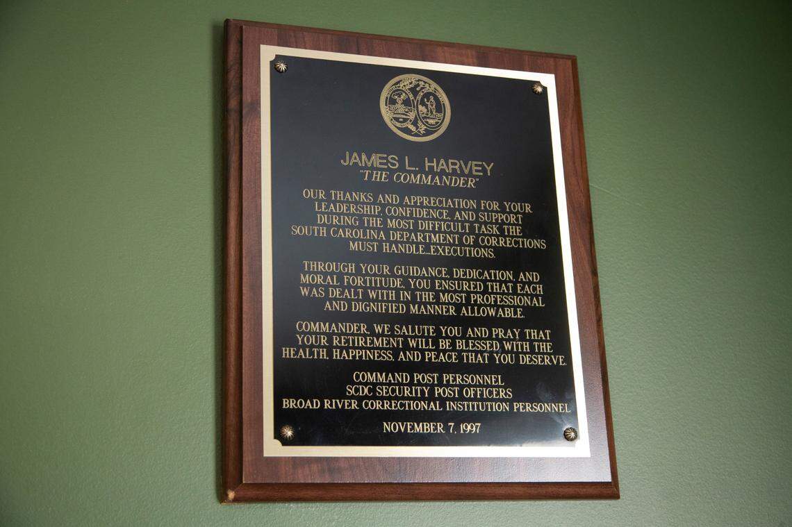 A plaque hanging in the home of Jim Harvey, a retired commander of the S.C. execution team, states that execution work is “the most difficult task the South Carolina Department of Corrections must handle.”