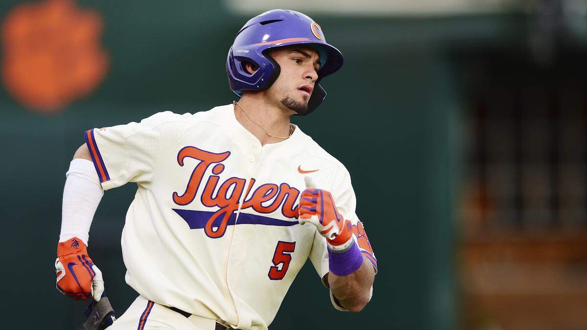 Clemson’s Sam Hall runs to first base during an NCAA college baseball game, Wednesday, March 13, 2019, in Clemson, S.C. (AP Photo/Richard Shiro)