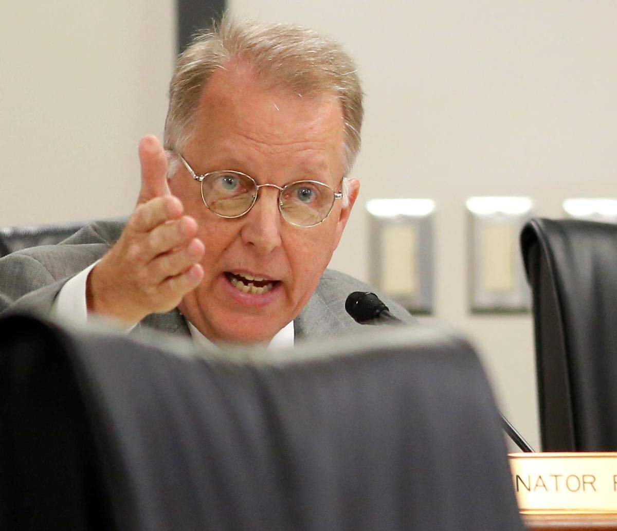 Sen. Mike Fanning questions S.C. Treasurer Curtis Loftis on Tuesday, April 2, 2024 during a Finance Constitutional Subcommittee meeting concerning $1.8 billion that has been discovered in an account. (Travis Bell/STATEHOUSE CAROLINA)