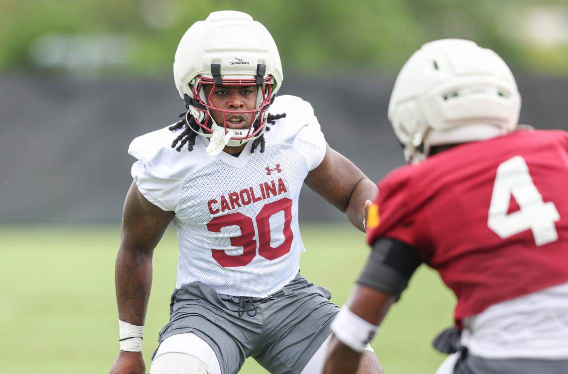 South Carolina linebacker Demon Clowney (30) runs drills during practice in Columbia on Saturday, August 2, 2025.