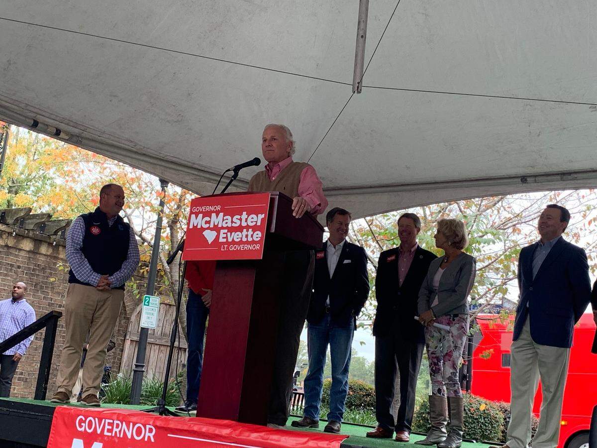 South Carolina Gov. Henry McMaster speaks in Chapin Sunday, Oct. 30, 2022, at the first stop of his bus tour ahead of the Nov. 8 election.