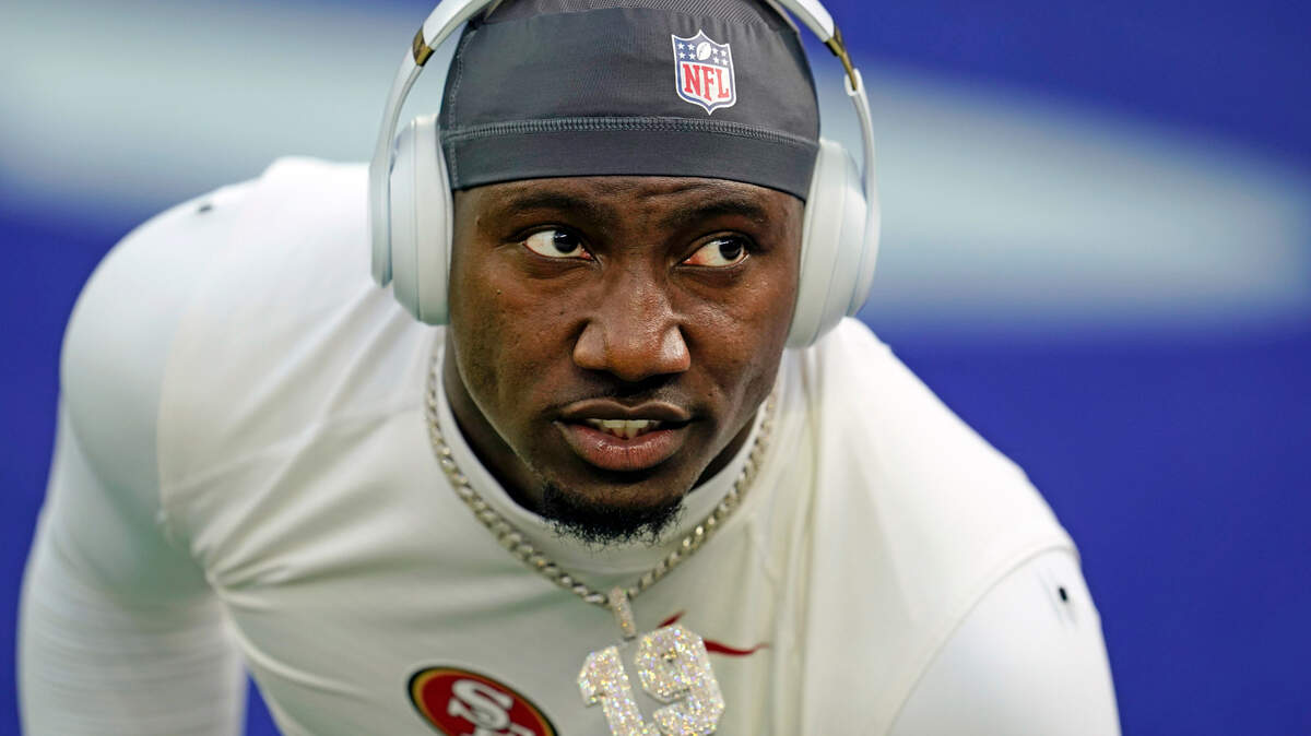 FILE - San Francisco 49ers wide receiver Deebo Samuel (19) warms up before an NFL football game against the Los Angeles Rams, Sunday, Jan. 9, 2022, in Inglewood, Calif. All-Pro receiver Deebo Samuel told ESPN that he has requested a trade from the San Francisco 49ers as the two sides have been unable to negotiate a long-term deal for one of the league’s top playmakers. (AP Photo/Marcio Jose Sanchez, File)