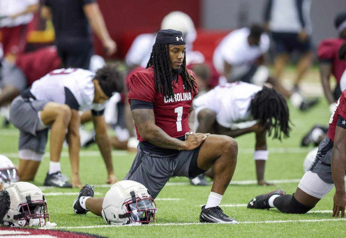 South Carolina running back Rahsul Faison warms up during practice in Columbia on Saturday, Aug. 2, 2025.