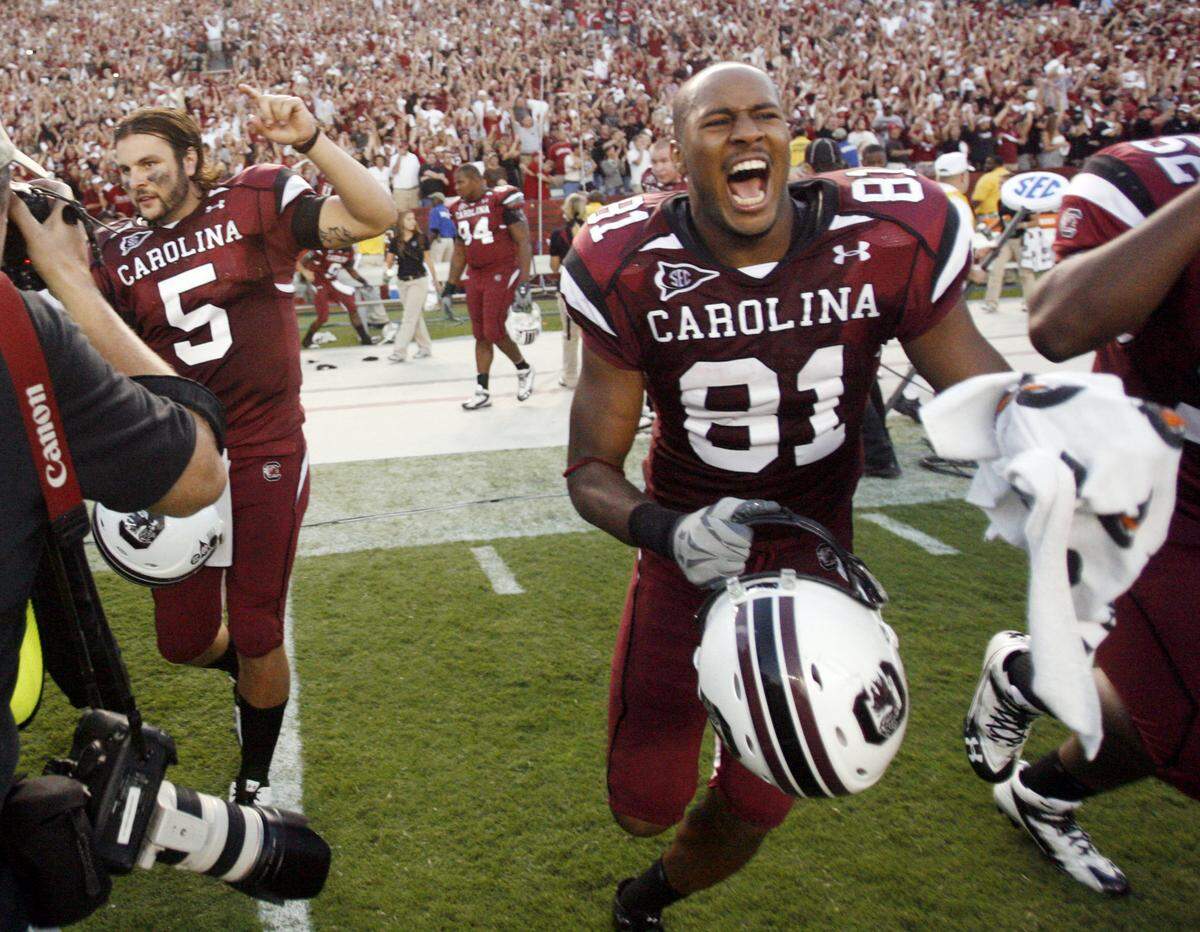 From Oct. 9, 2010: South Carolina QB Stephen Garcia and receiver Tori Gurley celebrate the Gamecocks win over No. 1 Alabama at Williams-Brice Stadium.