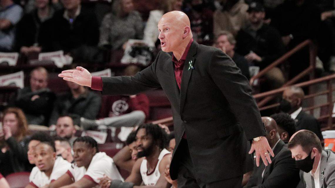 South Carolina head coach Frank Martin gestures while his team plays Kentucky on Tuesday, February 8, 2022.