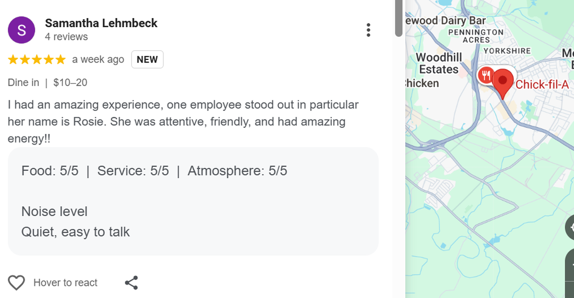 Google Maps review for Chic-fil-A on 7424 Garners Ferry Rd
