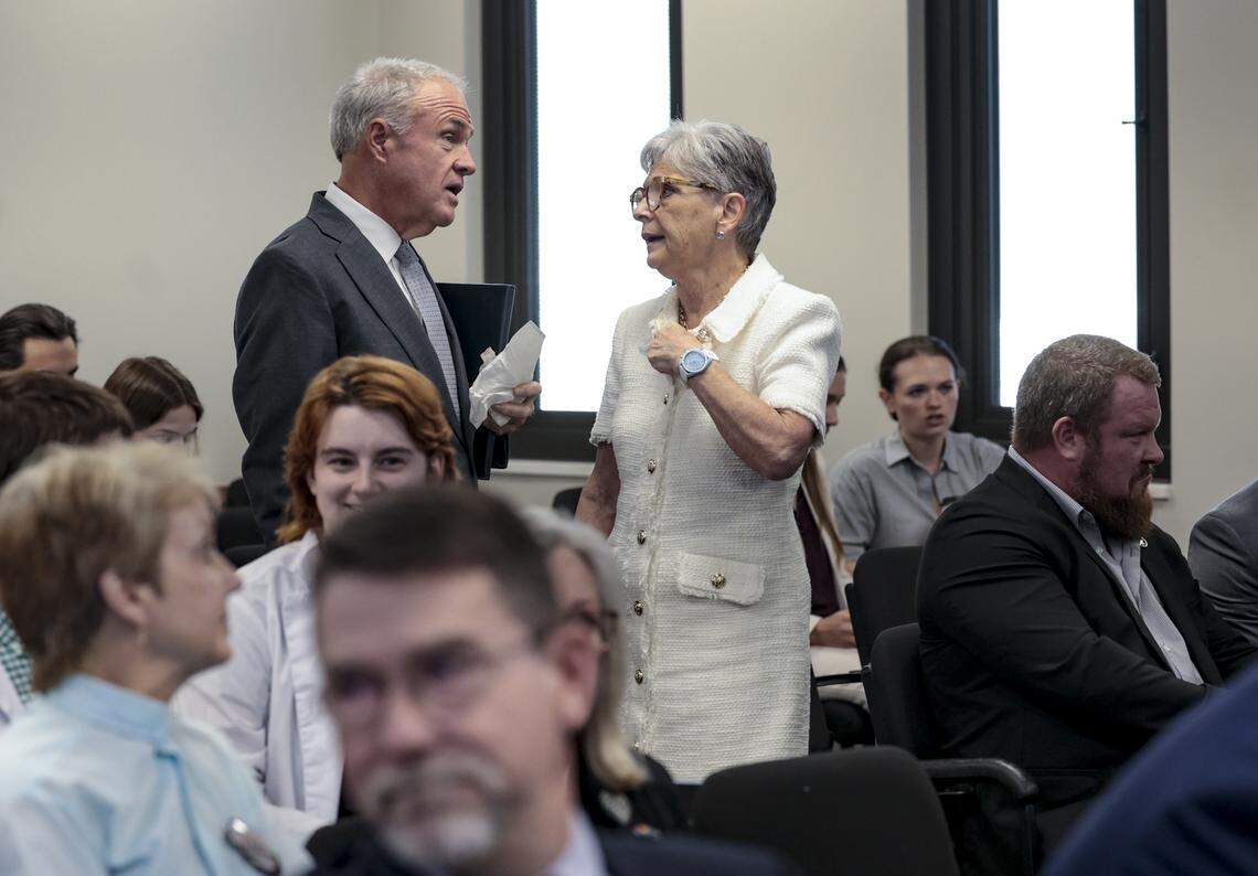 Sen. Danny Verdin, R-Laurens, speaks with former senator Katrina Shealy before a meeting of the Senate Medical Affairs subcommittee on Tuesday, April 14, 2026. 