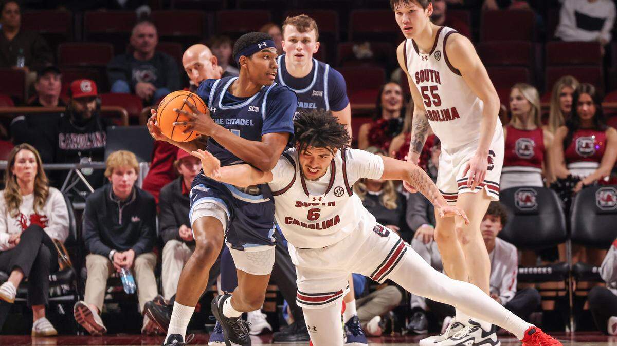 South Carolina forward Ej Walker (6) and The Citadel forward Dante Kearse (11) go for a loose ball during the Gamecocks’ game against The Citadel at Colonial Life Arena in Columbia on Saturday, December 13, 2025.