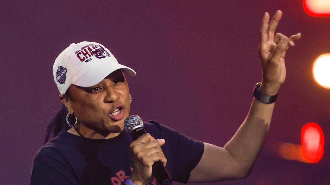 University of South Carolina Head Coach Dawn Staley talks to fans before Darius Rucker performs a concert at the Colonial Life Arena on Sunday, April, 24, 2022. Rucker promised the concert for USC when the Gamecocks women’s basketball team won the 2022 National Championship.