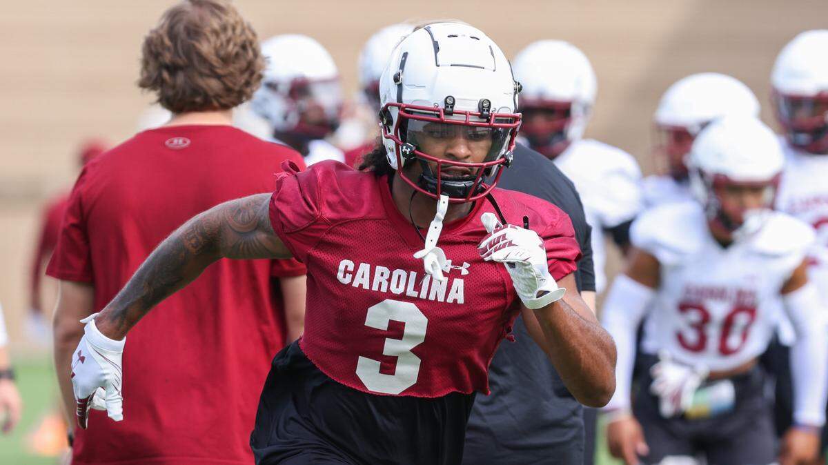 South Carolina wide receiver Antwane “Juice” Wells Jr. runs drills during the first day of practice in Columbia on Friday, August 4, 2023.