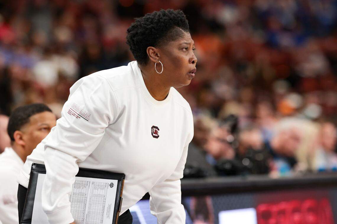 University of South Carolina Assistant Coach Jolette Law watches the Gamecocks against Vanderbilt in the SEC tournament at the Bon Secours Wellness Arena in Greenville on March 7.