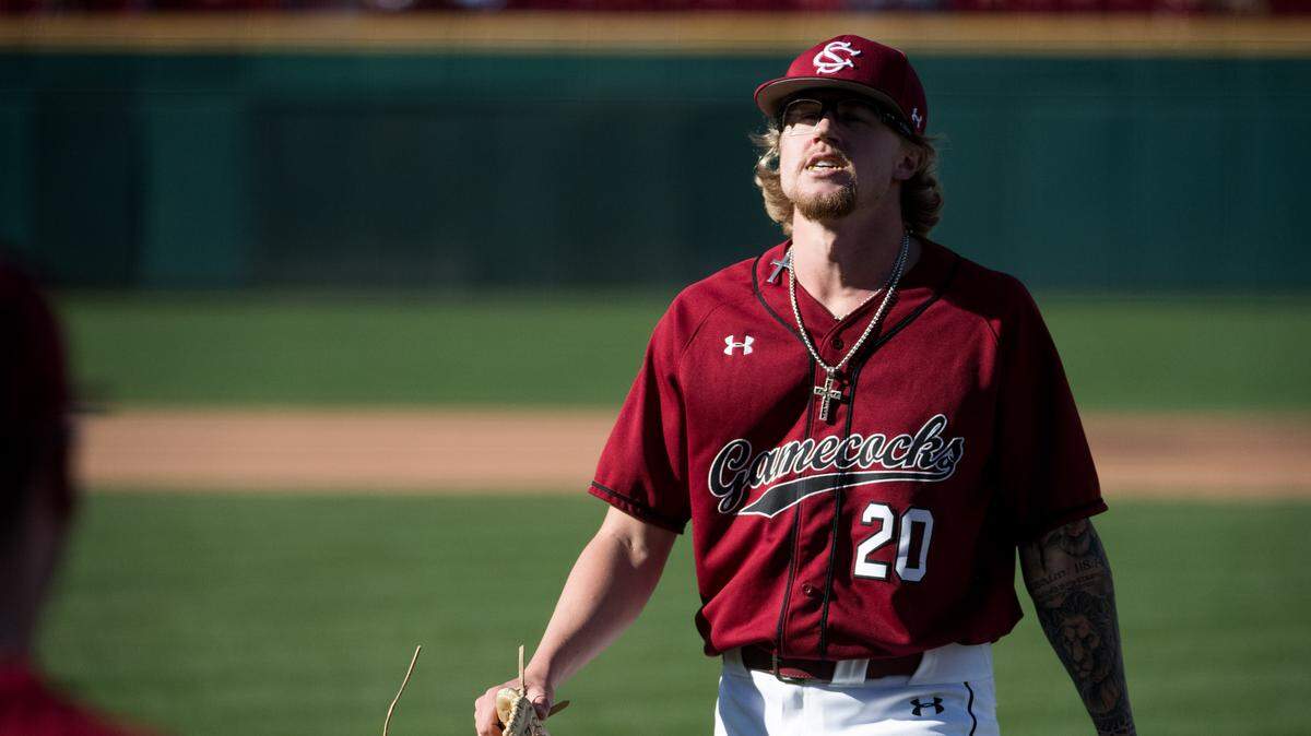 South Carolina starting pitcher Reid Morgan returns to the dugout against Utah Valley at Founders Park Sunday, Feb. 24, 2019, in Columbia, S.C.