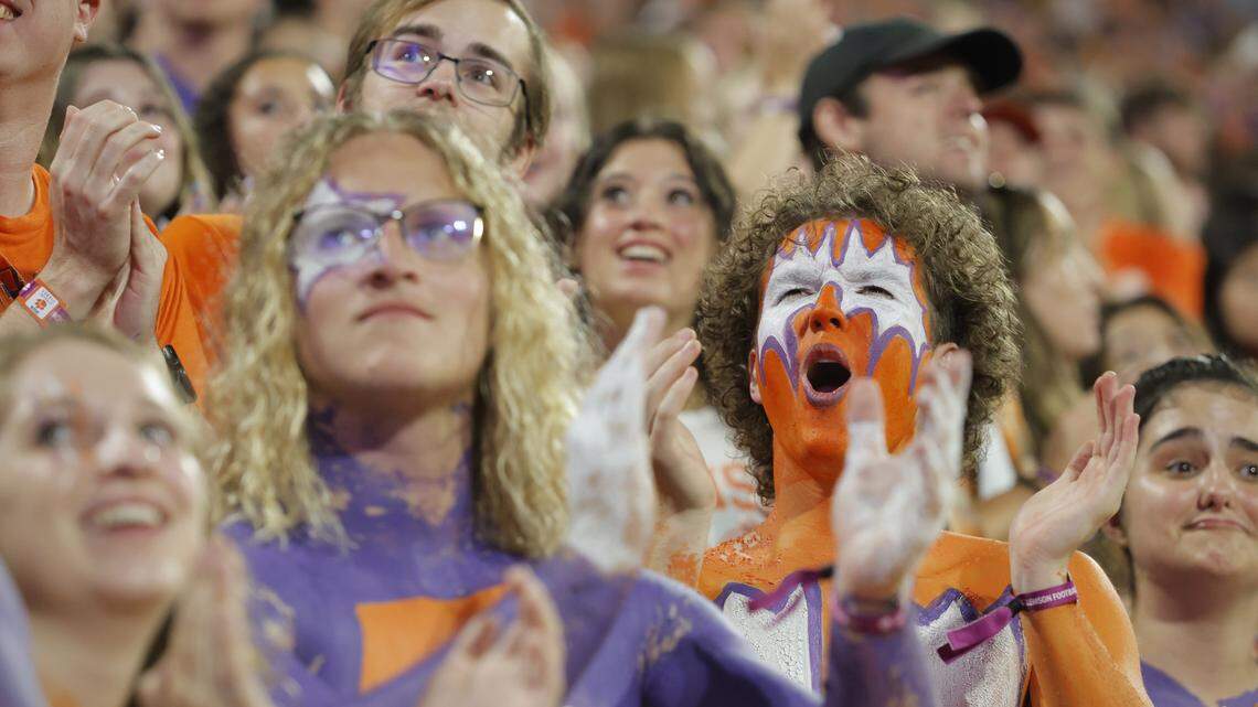 Clemson students watch a replay during the Stanford game in Clemson, S.C. on Saturday, Sept. 28, 2024.
