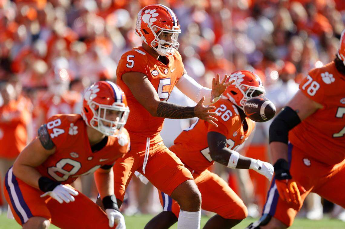 Clemson Tigers quarterback DJ Uiagalelei (5) plays South Carolina on Saturday, November 26, 2022.