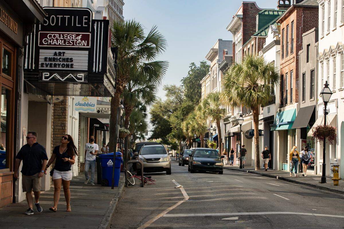 Shoppers and students experience part of King Street in downtown Charleston, South Carolina on Sunday, August 29, 2021.