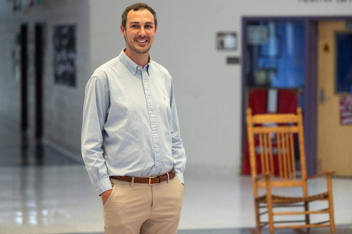2026 South Carolina Teacher of the Year Corey Bedenbaugh, an eighth grade social studies teacher at Batesburg-Leesville Middle School, at his school on Thursday, May 15, 2025.