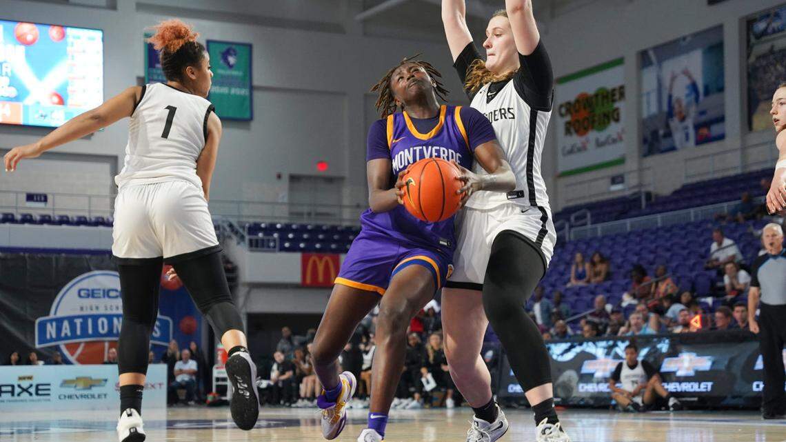 Montverde Academy Eagles Sahnya Jah (20) drives to the basket during the fourth quarter of the GEICO High School Nationals championship against the Long Island Lutheran Crusaders at Suncoast Credit Union Arena in Fort Myers on Saturday, April 1, 2023.