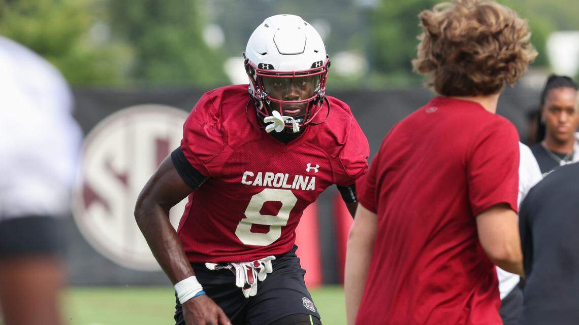 South Carolina wide receiver Nyck Harbor runs drills during the first day of practice in Columbia on Friday, August 4, 2023.
