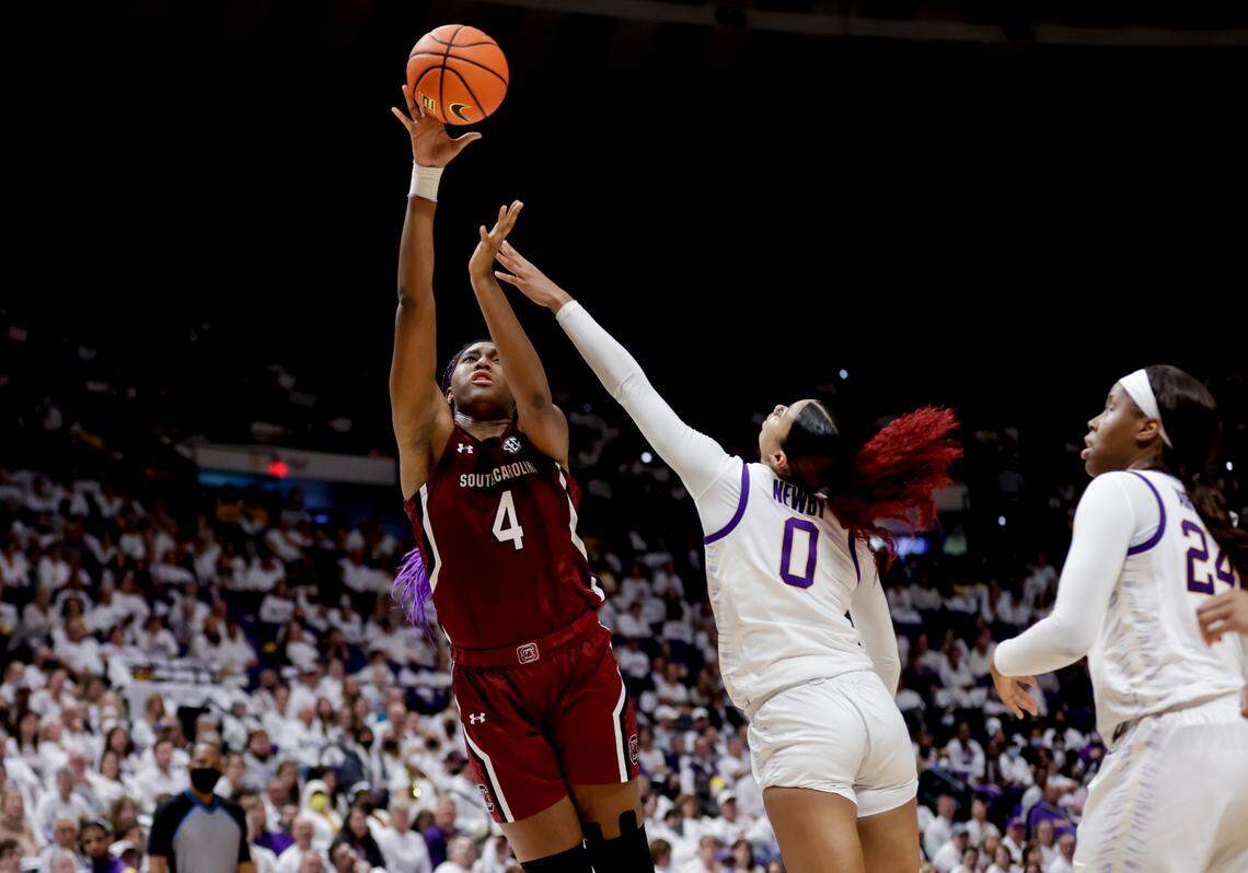South Carolina forward Aliyah Boston (4) shoots over LSU forward Autumn Newby (0) in the second half of an NCAA college basketball game in Baton Rouge, La., Thursday, Jan. 6, 2022.