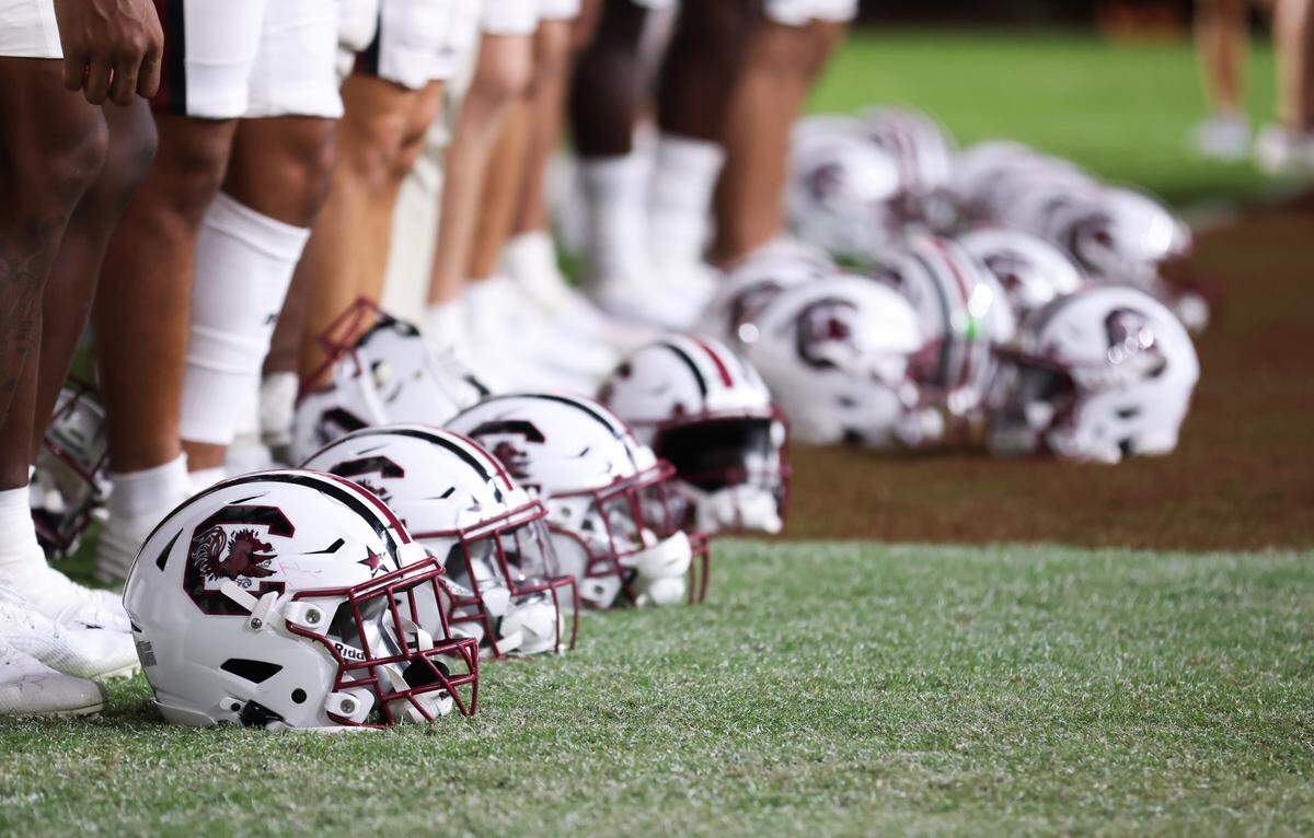 South Carolina players wore the helmets with larger Block C logos  against Akron last year.