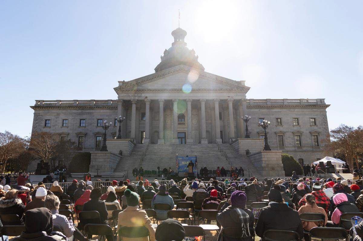 Democratic National Committee Chair Jaime Harrison speaks during the King Day at the Dome event at the South Carolina State house on Monday, January 20, 2025.