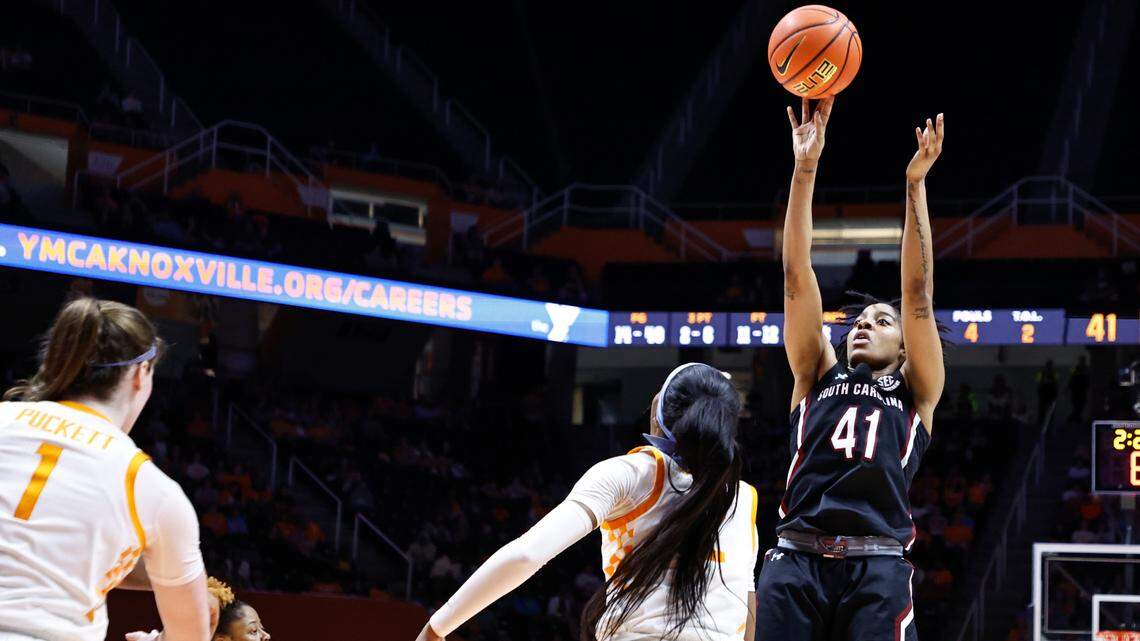 South Carolina guard Kierra Fletcher (41) shoots over Tennessee forward Rickea Jackson during the second half of an NCAA college basketball game, Thursday, Feb. 23, 2023, in Knoxville, Tenn. (AP Photo/Wade Payne)