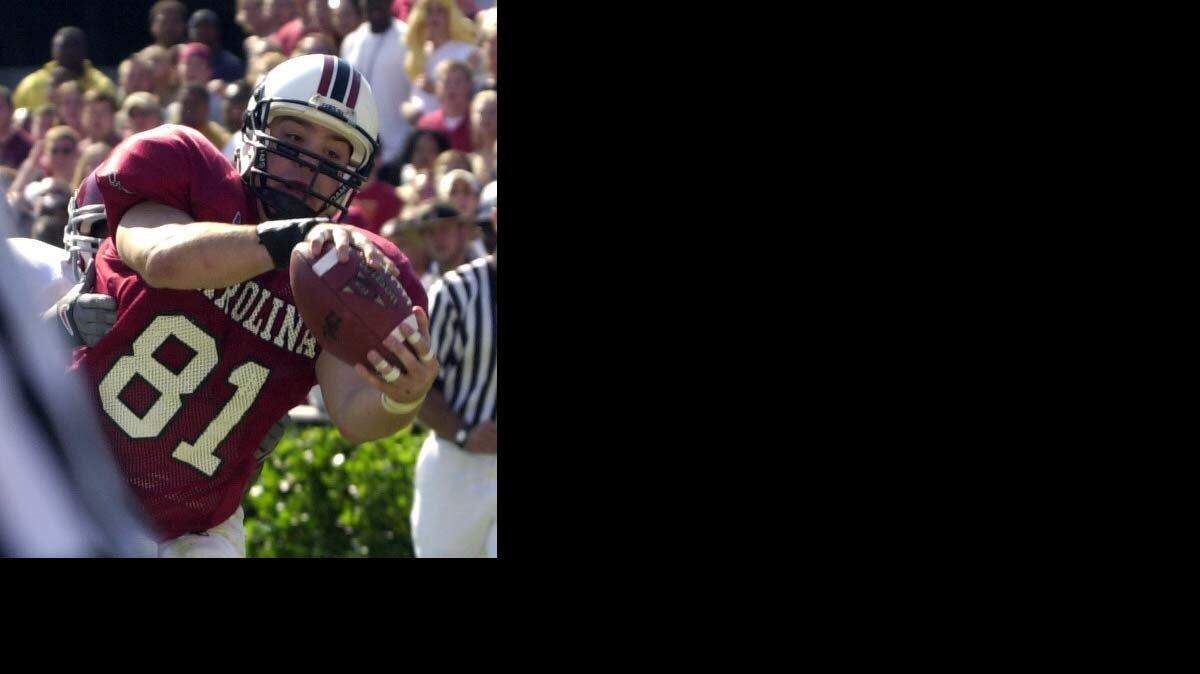 South Carolina tight end Rod Trafford hauls in the game-winning catch from quarterback Phil Petty. It was Trafford's only catch of the 2001 season.