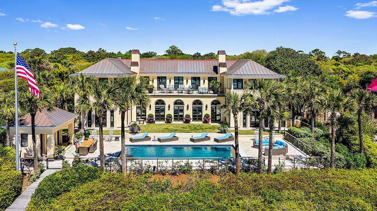 A view of the front of a $16..4 million home for sale on Eugenia Avenue in Kiawah.