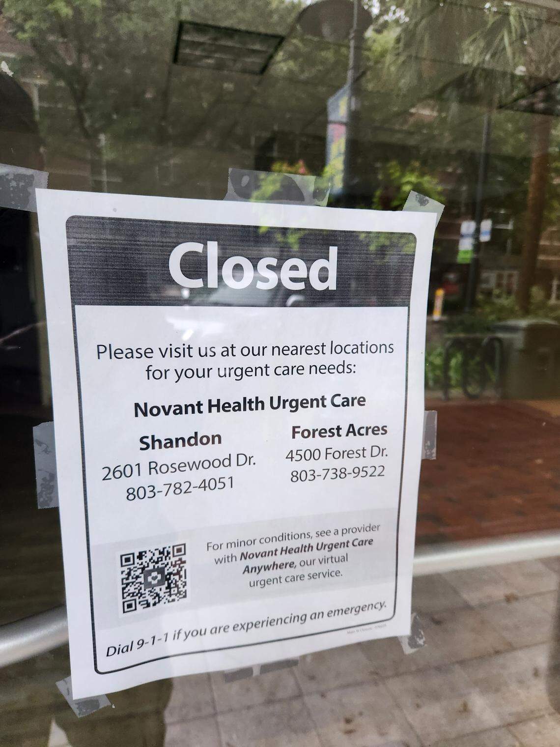 The Novant Health Urgent Care facility at 1538 Main St., formerly known as Doctors Care, is now closed, according to signage on the door.