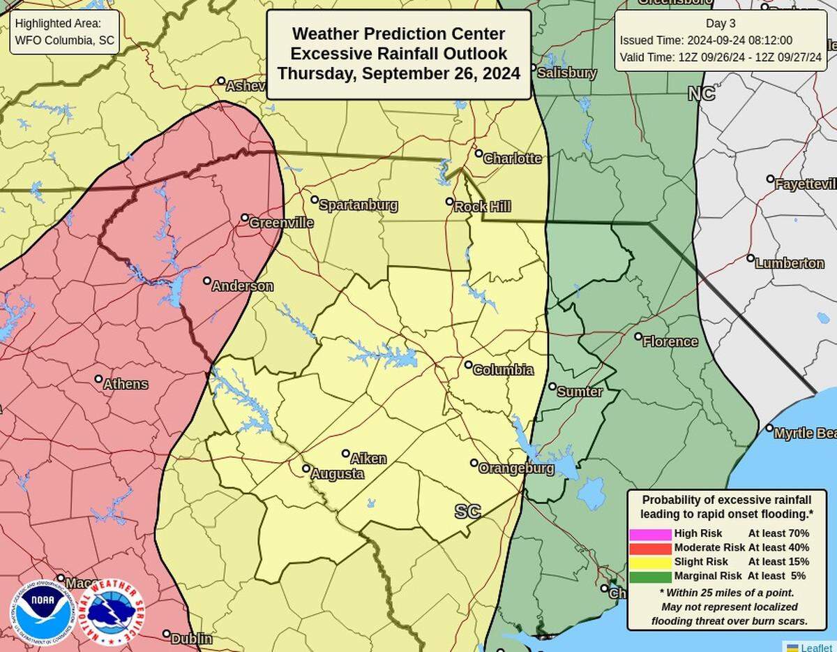 A map showing potential excessive rainfall and flooding across South Carolina on Thursday.