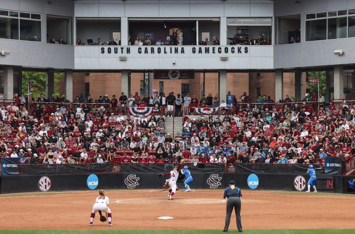 South Carolina players UCLA during the Gamecocks’ game against UCLA at Carolina Softball Stadium in Columbia on Sunday, May 25, 2025.