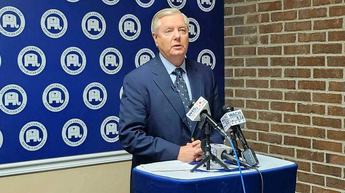 U.S. Sen. Lindsey Graham, R-S.C., speaks to reporters Wednesday, April 5, 2023, in Columbia, S.C. following Donald Trump’s criminal indictment.
