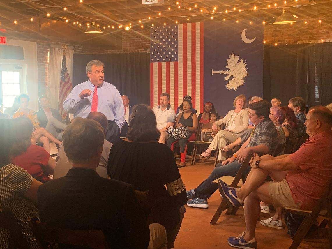 Former New Jersey Gov. Chris Christie, who is running for the 2024 Republican nomination for president, speaks at a town hall on Friday, July 21, 2023 at Senate’s End in Columbia, S.C.