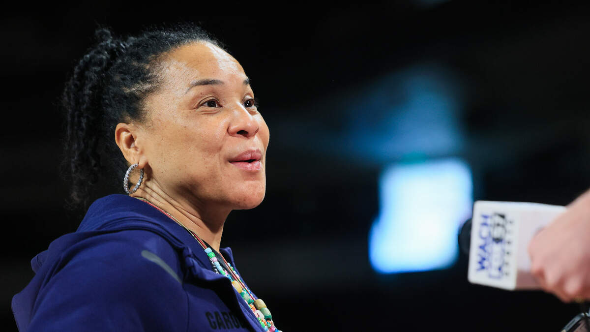 South Carolina women’s basketball head coach Dawn Staley speaks to media while her team practices at Colonial Life Arena on Wednesday, December 31, 2025.